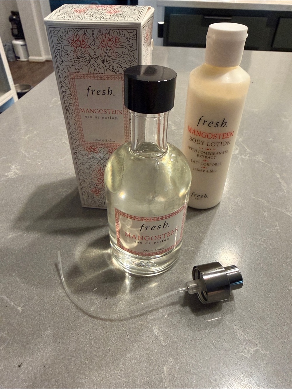 fresh Mangosteen Perfume & Body Lotion Set — Clear, Black, Cream, Pink Accents